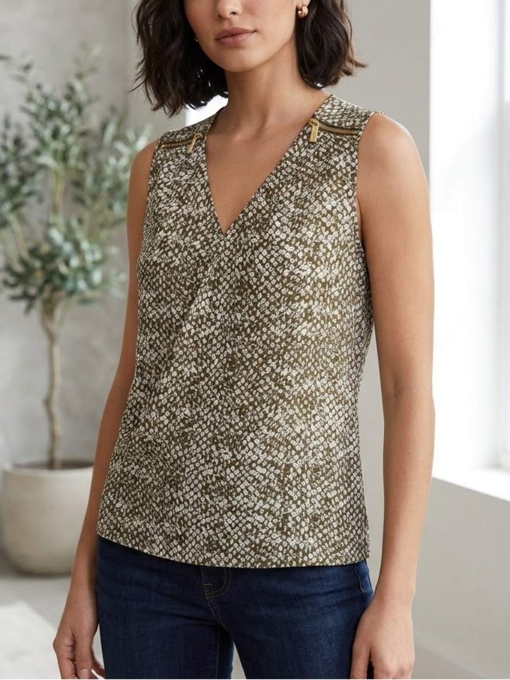 Michael Kors Olive and Cream Sleeveless V-Neck Camisole